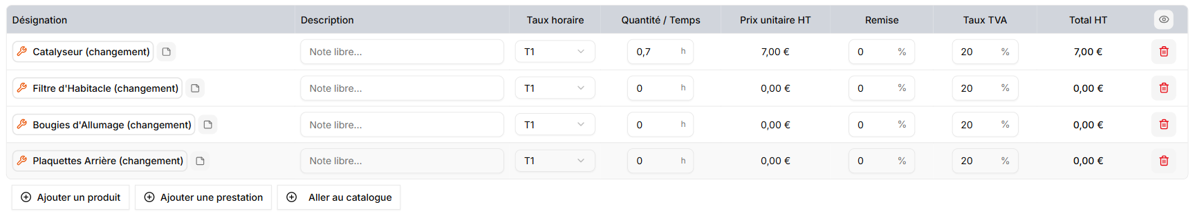 Des prestations de main d'œuvre avec leur taux horaire et leur temps, et les boutons « Ajouter un produit », « Ajouter une prestation » et « Aller au catalogue »