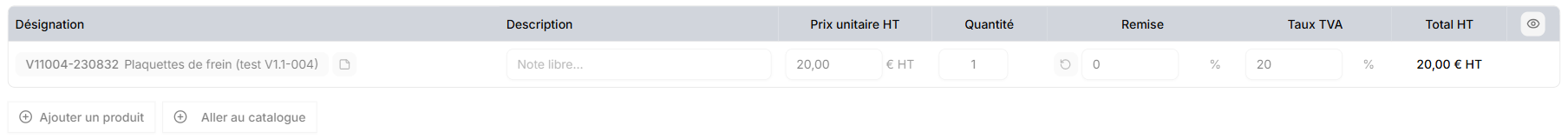 Une ligne de devis : prix unitaire HT, quantité, remise et taux de TVA, avec les boutons « Ajouter un produit » et « Aller au catalogue »